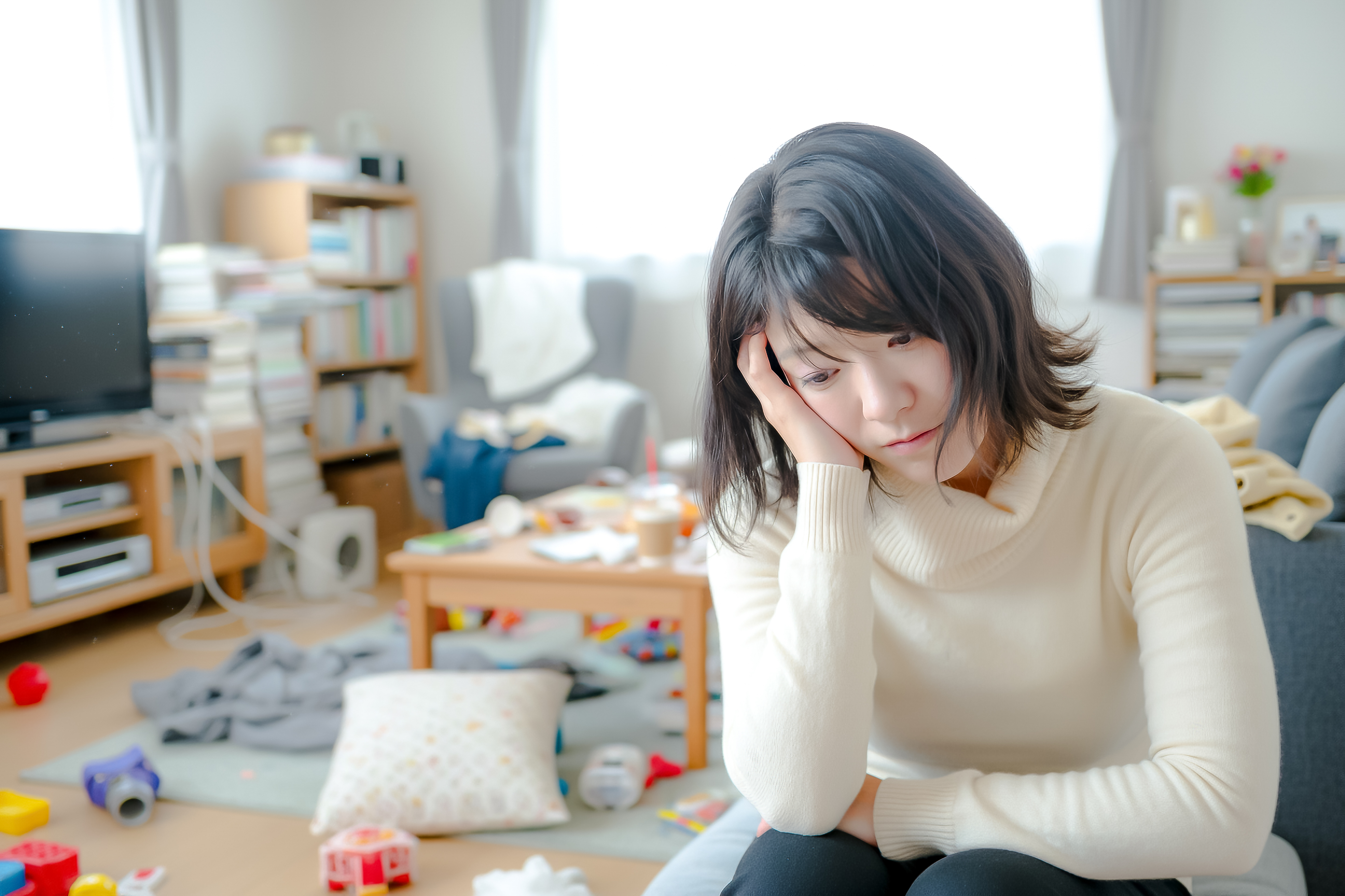 子育てと仕事の疲れで気持ちに余裕がなくなっている女性のイメージ