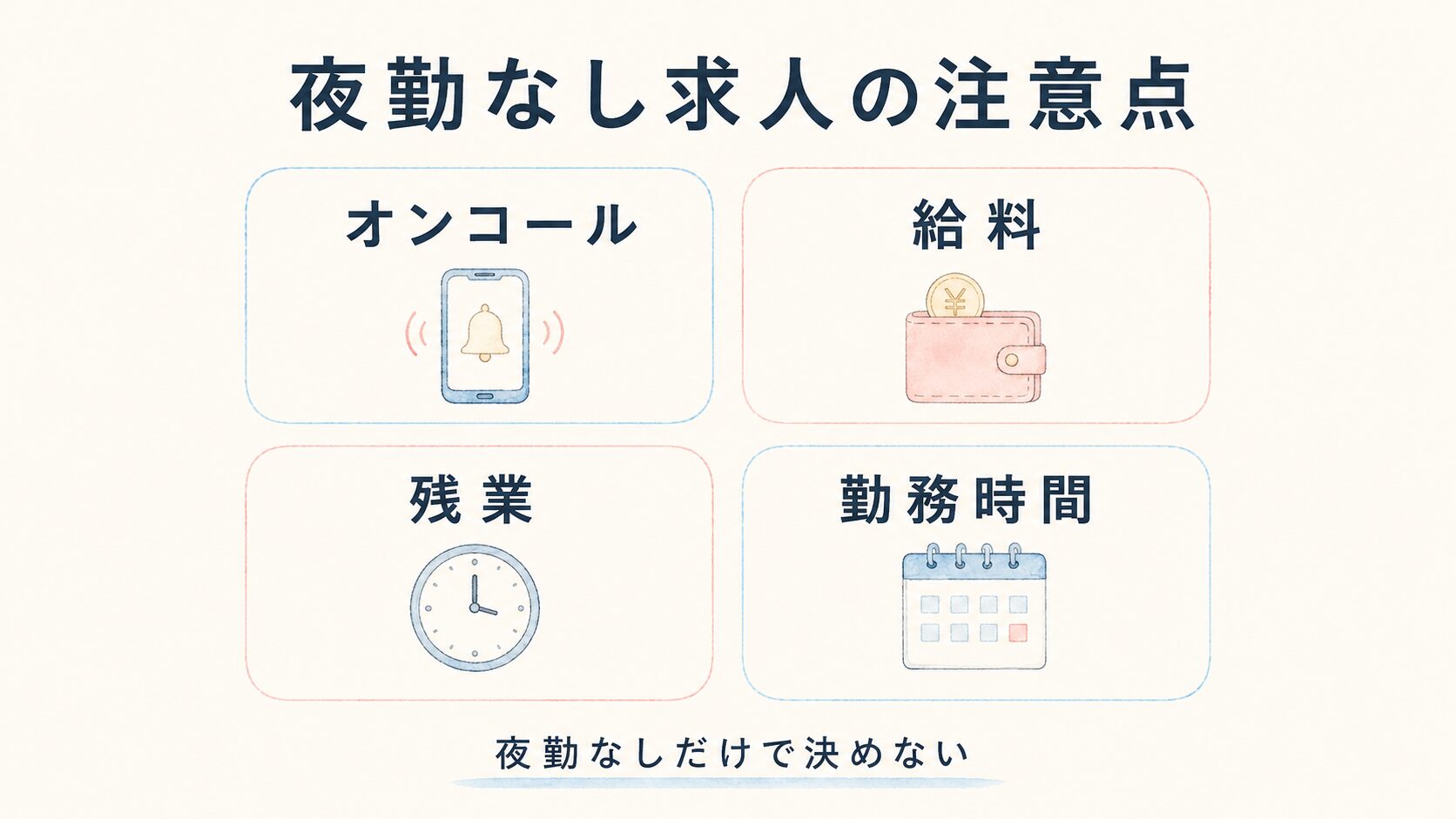 看護師が夜勤なし求人で確認したい勤務時間・残業・休日・オンコール・給料の図解