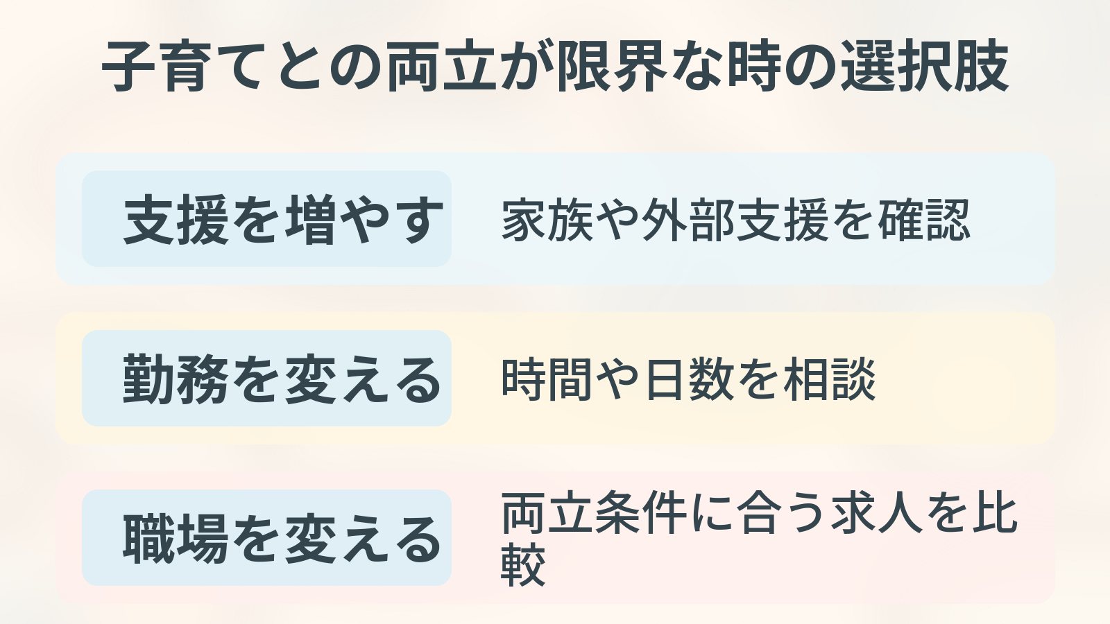 子育てとの両立が限界な時の支援を増やす・勤務を変える・職場を変える選択肢。