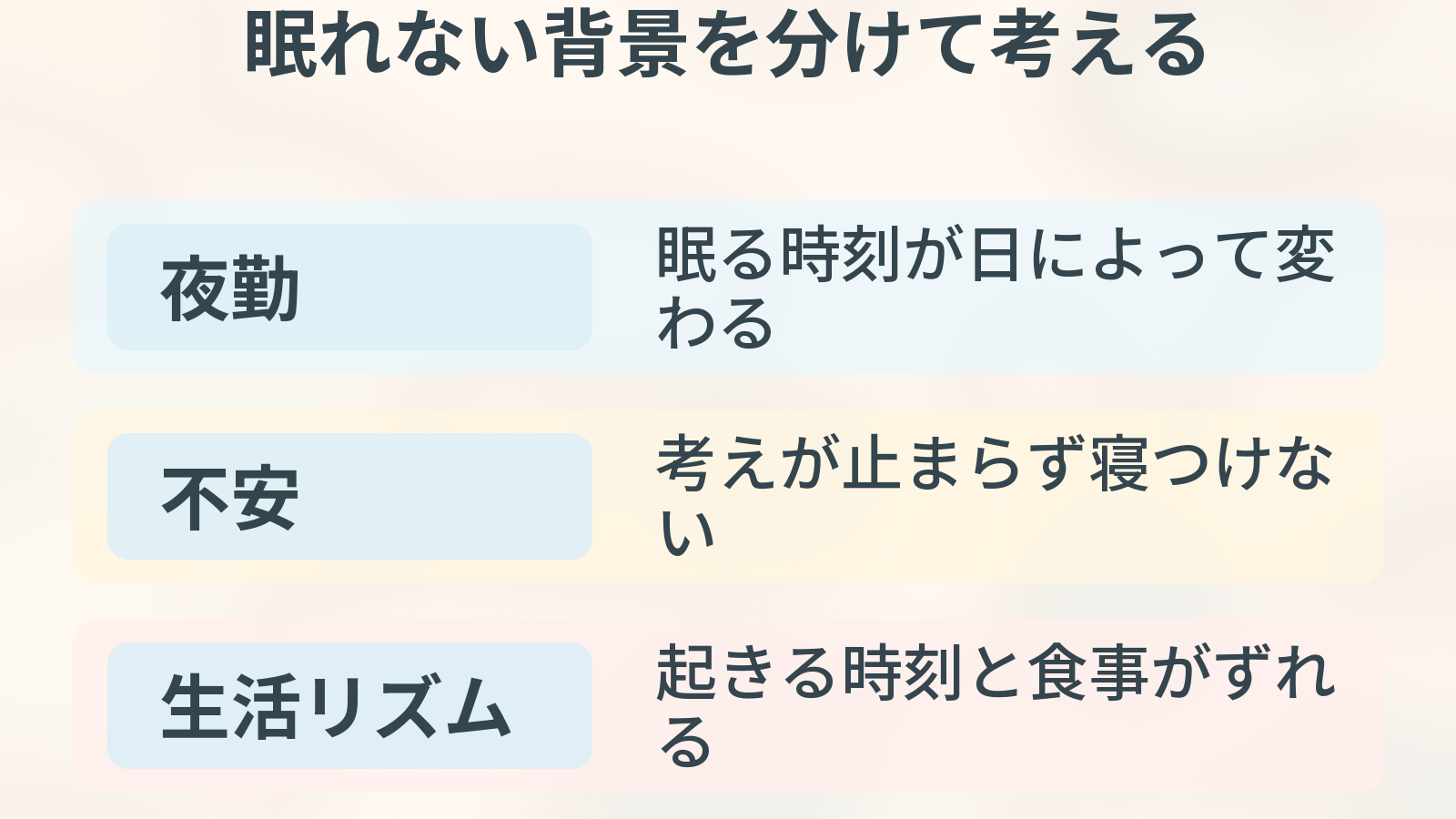 眠れない背景を分けて考える。夜勤、不安、生活リズムの観点を整理した図解。